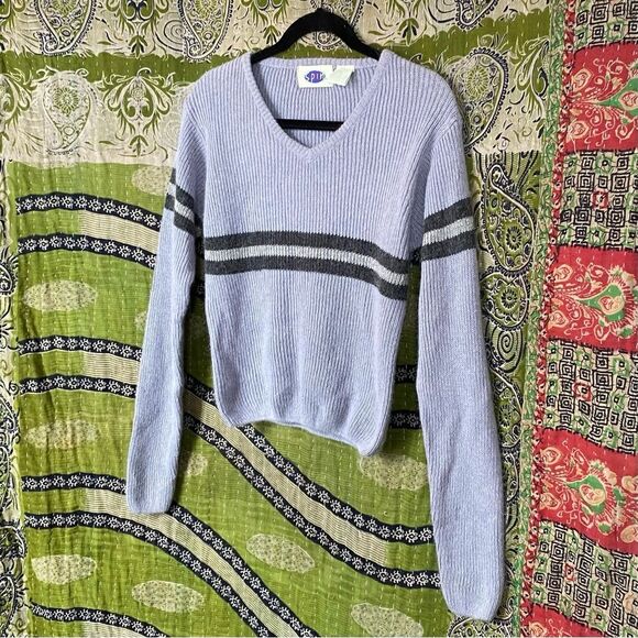 Vintage 90's Light Blue Spin Cropped Ramie Blend Stripped Sweater Size Medium - Picture 2 of 13